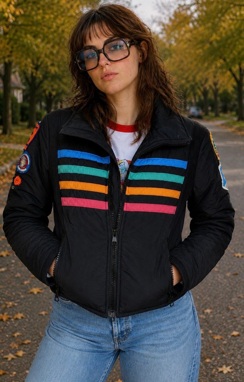 Vintage 80s HEAD Rainbow Ski Jacket Women’s Retro Patches Mammoth Alaska Puffer